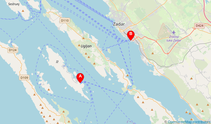 Map of ferry route between Brsanj and Zadar